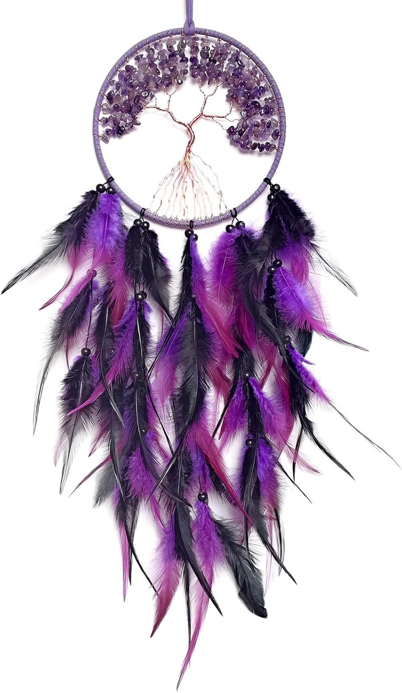 RAGKUU Store Black and Purple Dream Catcher Wall Decor Crystal Tree of Life Dream Catchers Handmade Feather Dreamcatcher Wall Hanging Ornament for Bedroom Living Room Home Decor - Image 1